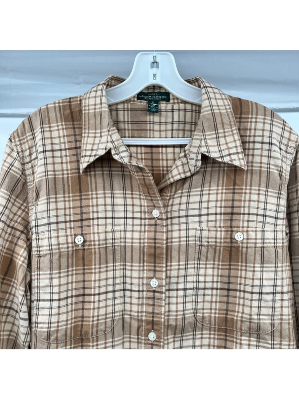 Lauren Ralph Lauren Womens Plaid Button Up Top Tan/Multi Long Sleeve Size XL - Picture 2 of 8